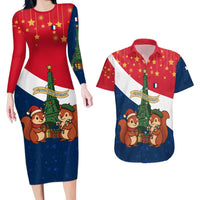 France Christmas Couples Matching Long Sleeve Bodycon Dress and Hawaiian Shirt with Eiffel Tower Chipmunks Candy Canes and Starry Night Design - Wonder Print Shop