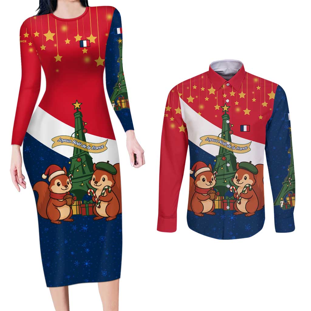 France Christmas Couples Matching Long Sleeve Bodycon Dress and Long Sleeve Button Shirt with Eiffel Tower Chipmunks Candy Canes and Starry Night Design - Wonder Print Shop