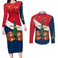 France Christmas Couples Matching Long Sleeve Bodycon Dress and Long Sleeve Button Shirt with Eiffel Tower Chipmunks Candy Canes and Starry Night Design - Wonder Print Shop