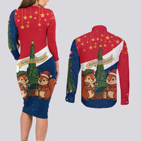 France Christmas Couples Matching Long Sleeve Bodycon Dress and Long Sleeve Button Shirt with Eiffel Tower Chipmunks Candy Canes and Starry Night Design - Wonder Print Shop