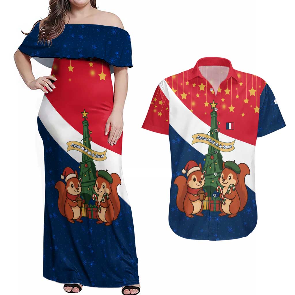 France Christmas Couples Matching Off Shoulder Maxi Dress and Hawaiian Shirt with Eiffel Tower Chipmunks Candy Canes and Starry Night Design - Wonder Print Shop