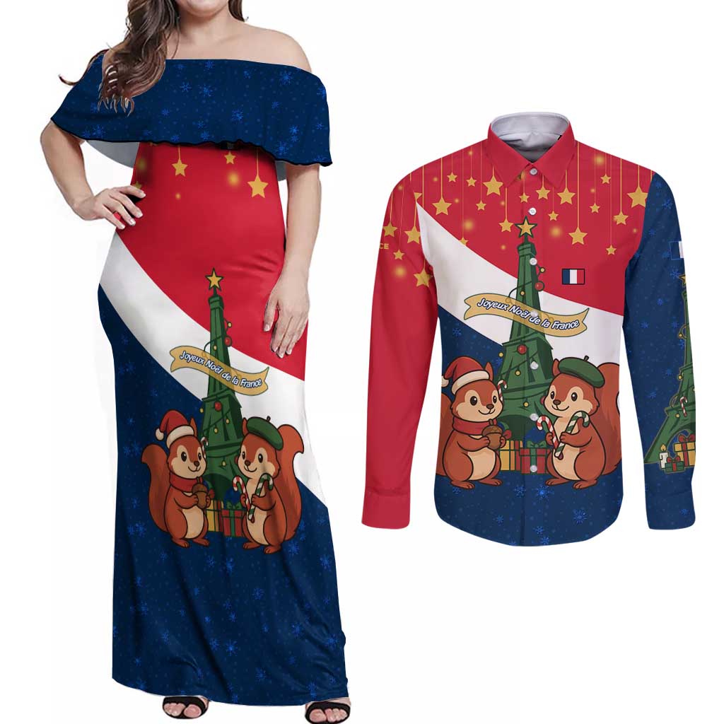 France Christmas Couples Matching Off Shoulder Maxi Dress and Long Sleeve Button Shirt with Eiffel Tower Chipmunks Candy Canes and Starry Night Design - Wonder Print Shop