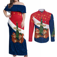 France Christmas Couples Matching Off Shoulder Maxi Dress and Long Sleeve Button Shirt with Eiffel Tower Chipmunks Candy Canes and Starry Night Design - Wonder Print Shop