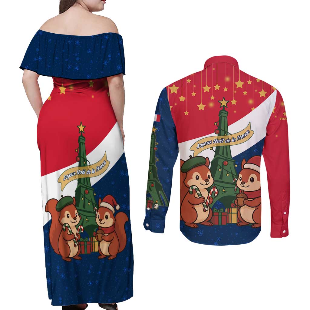 France Christmas Couples Matching Off Shoulder Maxi Dress and Long Sleeve Button Shirt with Eiffel Tower Chipmunks Candy Canes and Starry Night Design - Wonder Print Shop