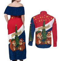 France Christmas Couples Matching Off Shoulder Maxi Dress and Long Sleeve Button Shirt with Eiffel Tower Chipmunks Candy Canes and Starry Night Design - Wonder Print Shop