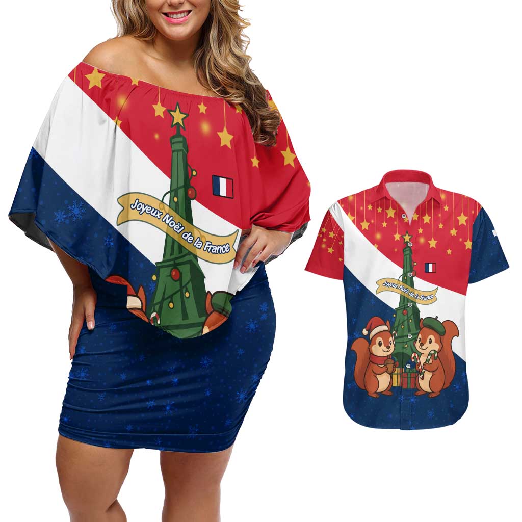 France Christmas Couples Matching Off Shoulder Short Dress and Hawaiian Shirt with Eiffel Tower Chipmunks Candy Canes and Starry Night Design - Wonder Print Shop