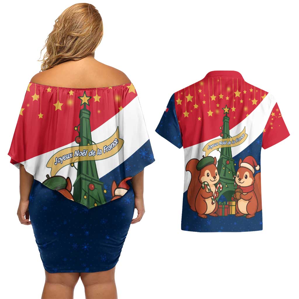 France Christmas Couples Matching Off Shoulder Short Dress and Hawaiian Shirt with Eiffel Tower Chipmunks Candy Canes and Starry Night Design - Wonder Print Shop