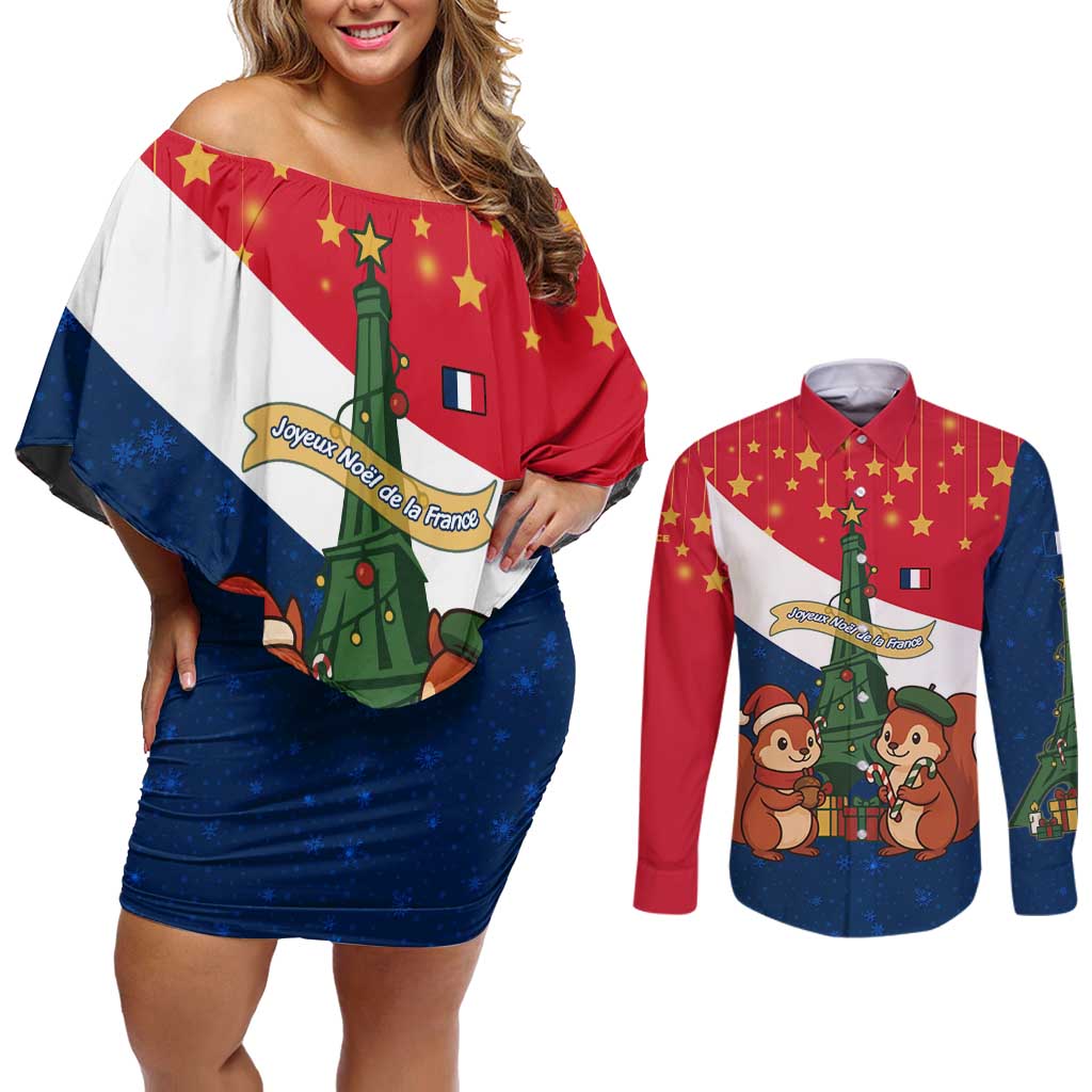 France Christmas Couples Matching Off Shoulder Short Dress and Long Sleeve Button Shirt with Eiffel Tower Chipmunks Candy Canes and Starry Night Design - Wonder Print Shop