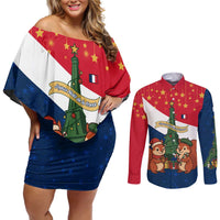 France Christmas Couples Matching Off Shoulder Short Dress and Long Sleeve Button Shirt with Eiffel Tower Chipmunks Candy Canes and Starry Night Design - Wonder Print Shop