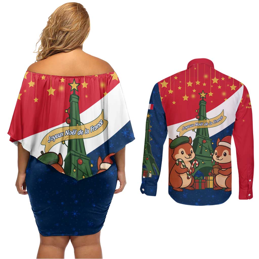 France Christmas Couples Matching Off Shoulder Short Dress and Long Sleeve Button Shirt with Eiffel Tower Chipmunks Candy Canes and Starry Night Design - Wonder Print Shop