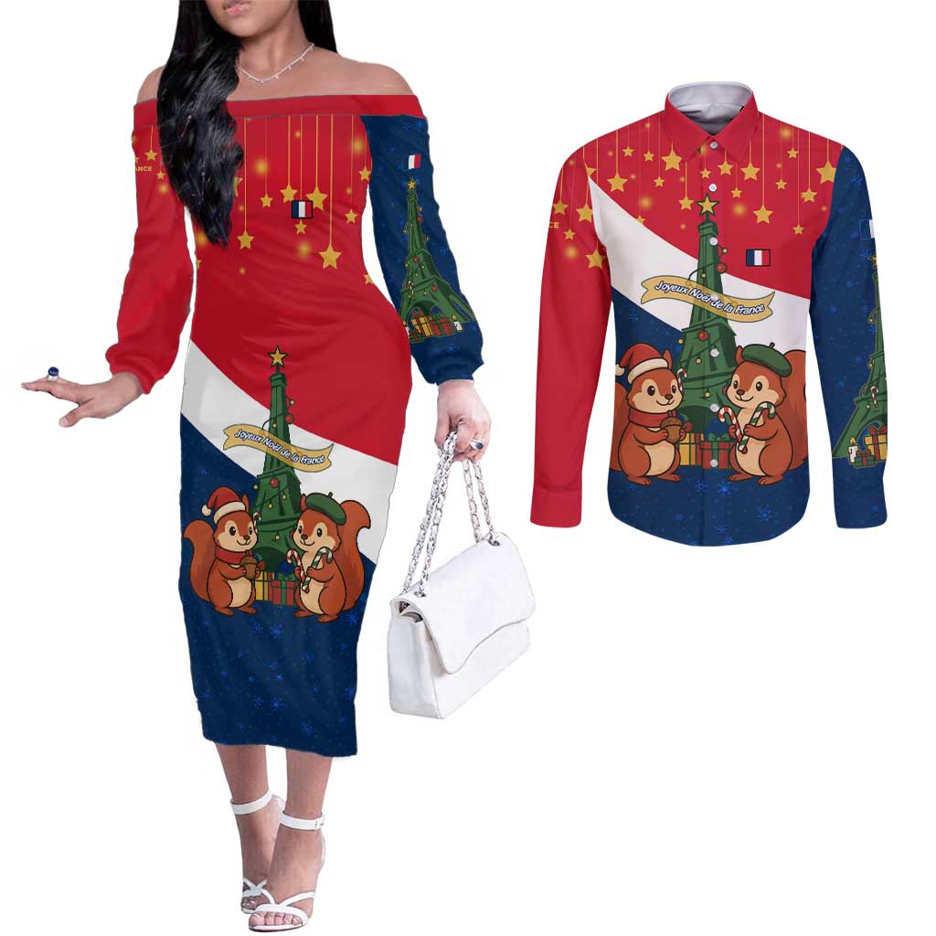France Christmas Couples Matching Off The Shoulder Long Sleeve Dress and Long Sleeve Button Shirt with Eiffel Tower Chipmunks Candy Canes and Starry Night Design - Wonder Print Shop