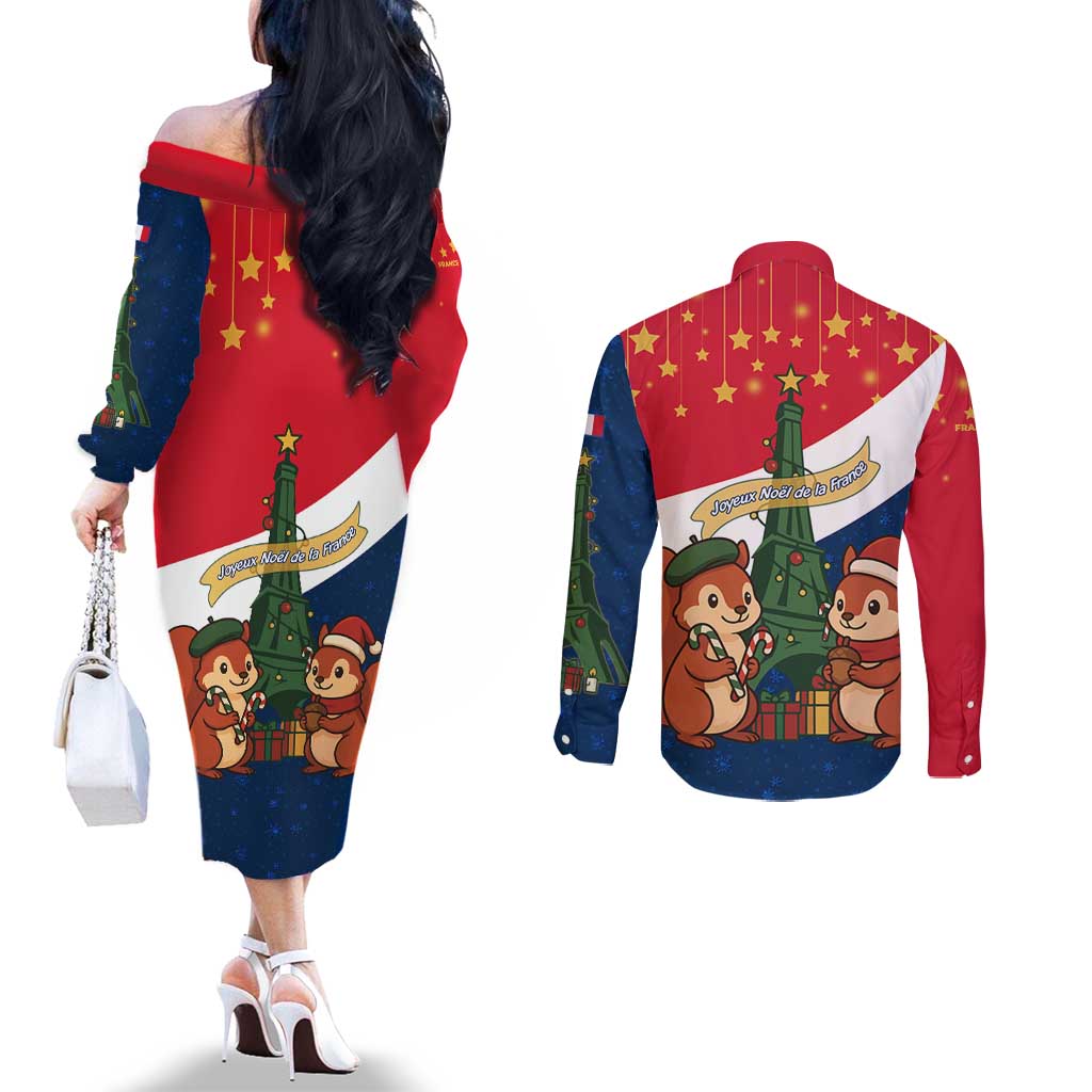 France Christmas Couples Matching Off The Shoulder Long Sleeve Dress and Long Sleeve Button Shirt with Eiffel Tower Chipmunks Candy Canes and Starry Night Design - Wonder Print Shop