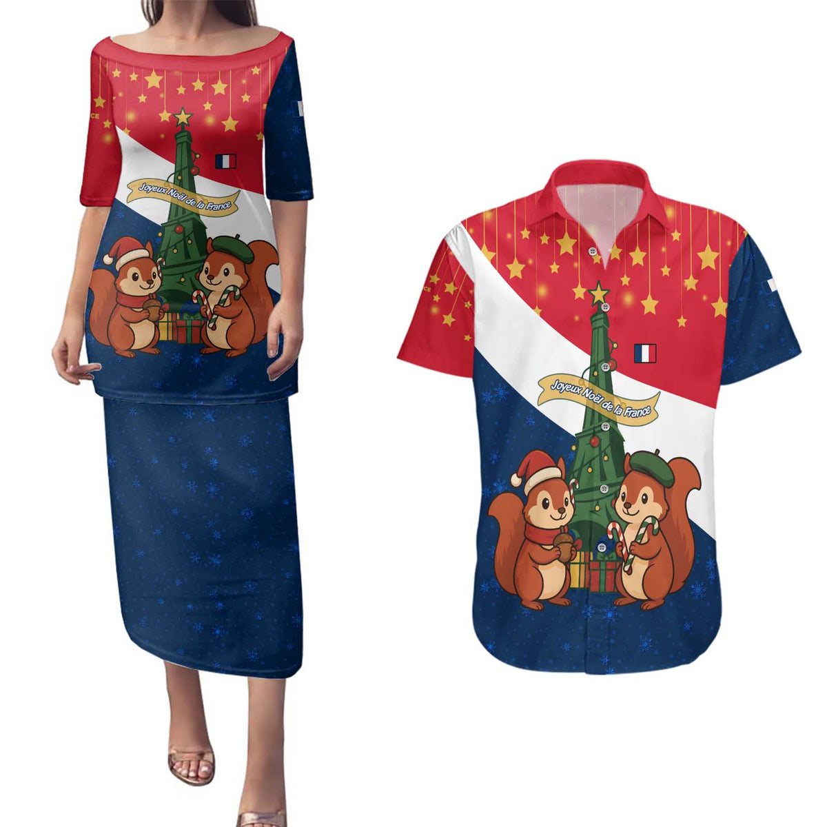 France Christmas Couples Matching Puletasi and Hawaiian Shirt with Eiffel Tower Chipmunks Candy Canes and Starry Night Design - Wonder Print Shop