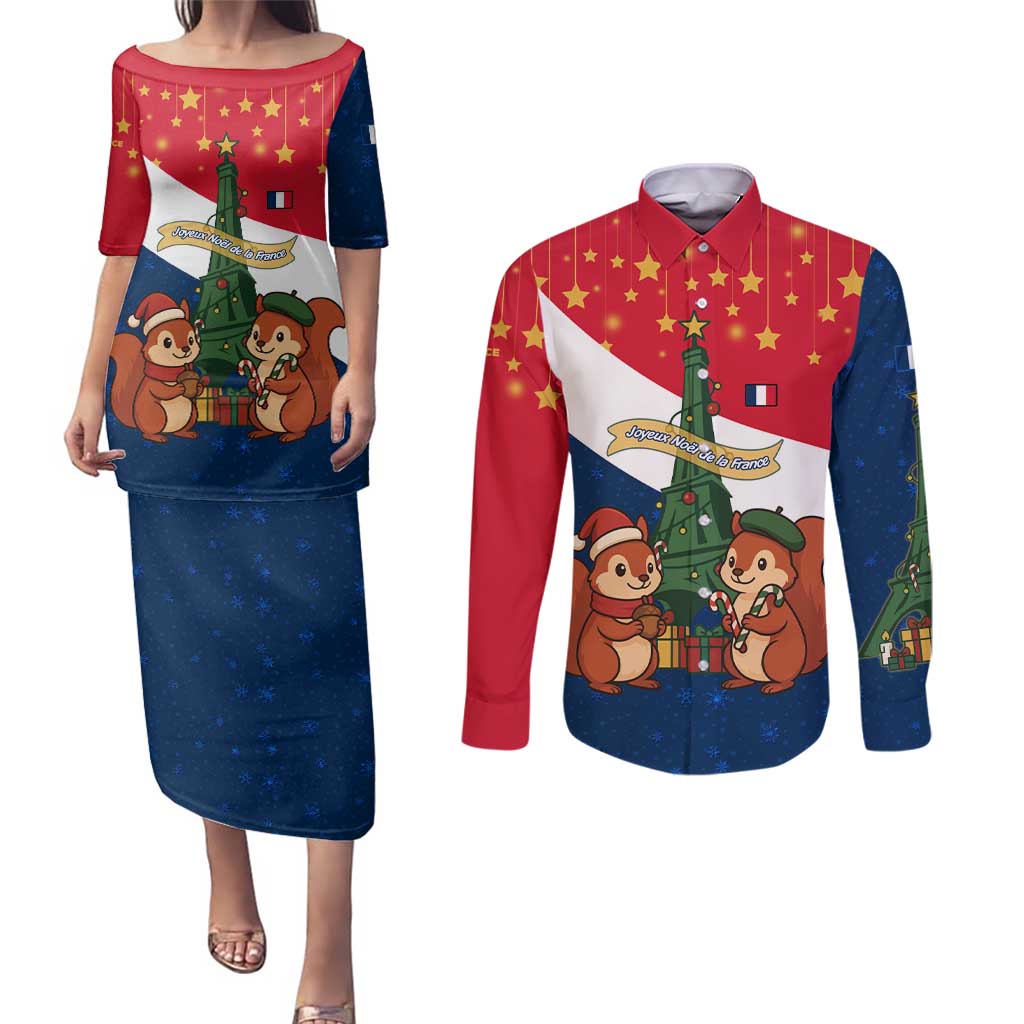 France Christmas Couples Matching Puletasi and Long Sleeve Button Shirt with Eiffel Tower Chipmunks Candy Canes and Starry Night Design - Wonder Print Shop