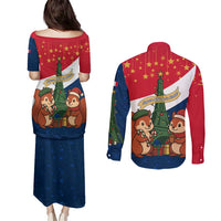 France Christmas Couples Matching Puletasi and Long Sleeve Button Shirt with Eiffel Tower Chipmunks Candy Canes and Starry Night Design - Wonder Print Shop
