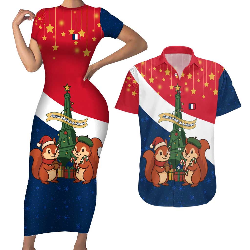 France Christmas Couples Matching Short Sleeve Bodycon Dress and Hawaiian Shirt with Eiffel Tower Chipmunks Candy Canes and Starry Night Design - Wonder Print Shop