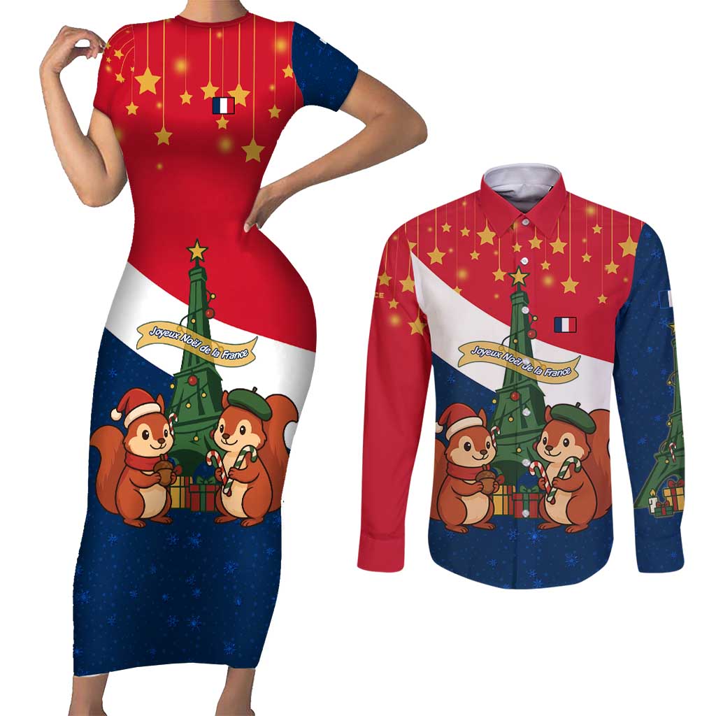 France Christmas Couples Matching Short Sleeve Bodycon Dress and Long Sleeve Button Shirt with Eiffel Tower Chipmunks Candy Canes and Starry Night Design - Wonder Print Shop