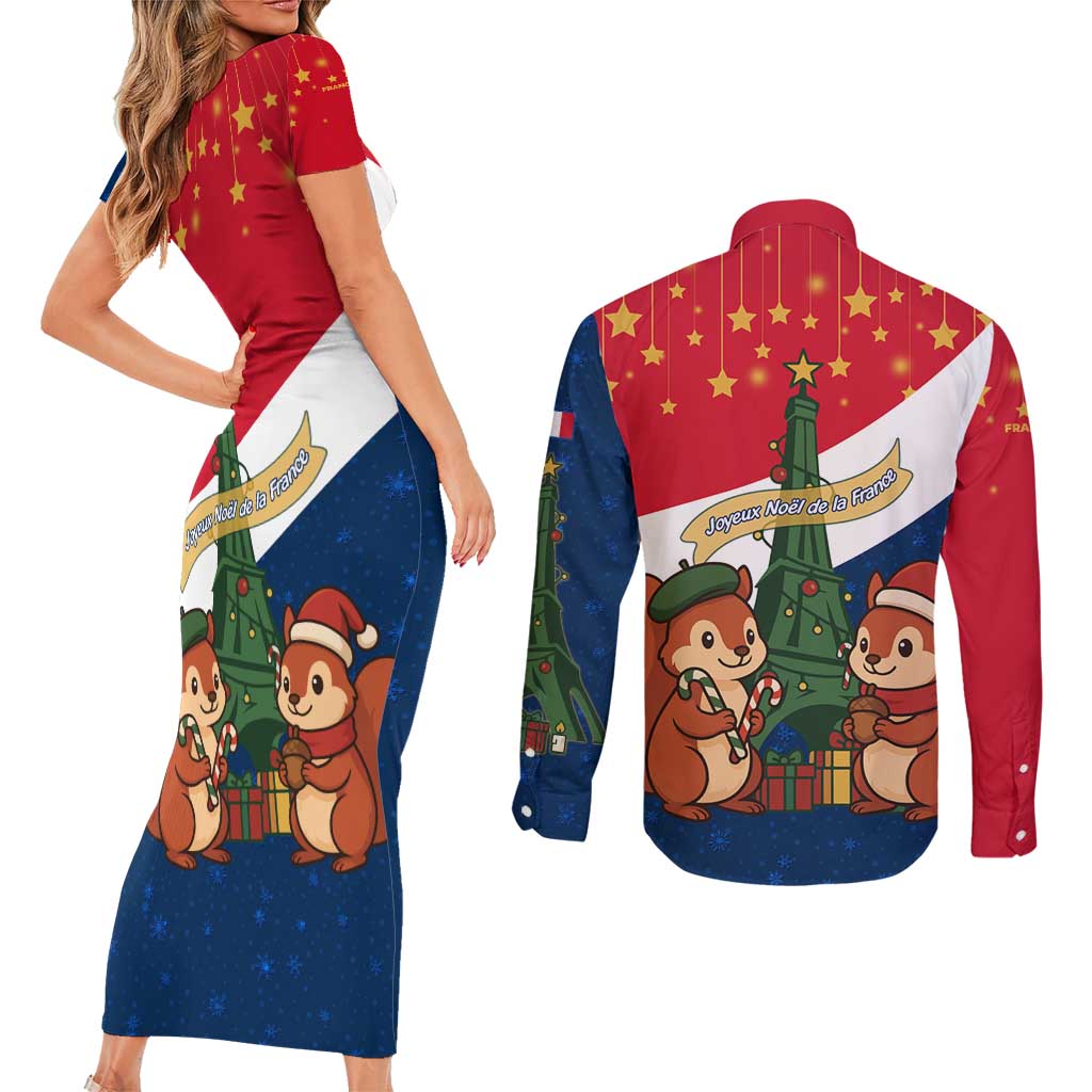 France Christmas Couples Matching Short Sleeve Bodycon Dress and Long Sleeve Button Shirt with Eiffel Tower Chipmunks Candy Canes and Starry Night Design - Wonder Print Shop