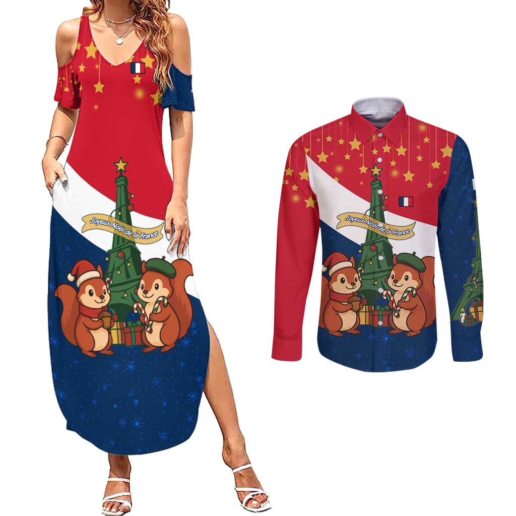 France Christmas Couples Matching Summer Maxi Dress and Long Sleeve Button Shirt with Eiffel Tower Chipmunks Candy Canes and Starry Night Design - Wonder Print Shop