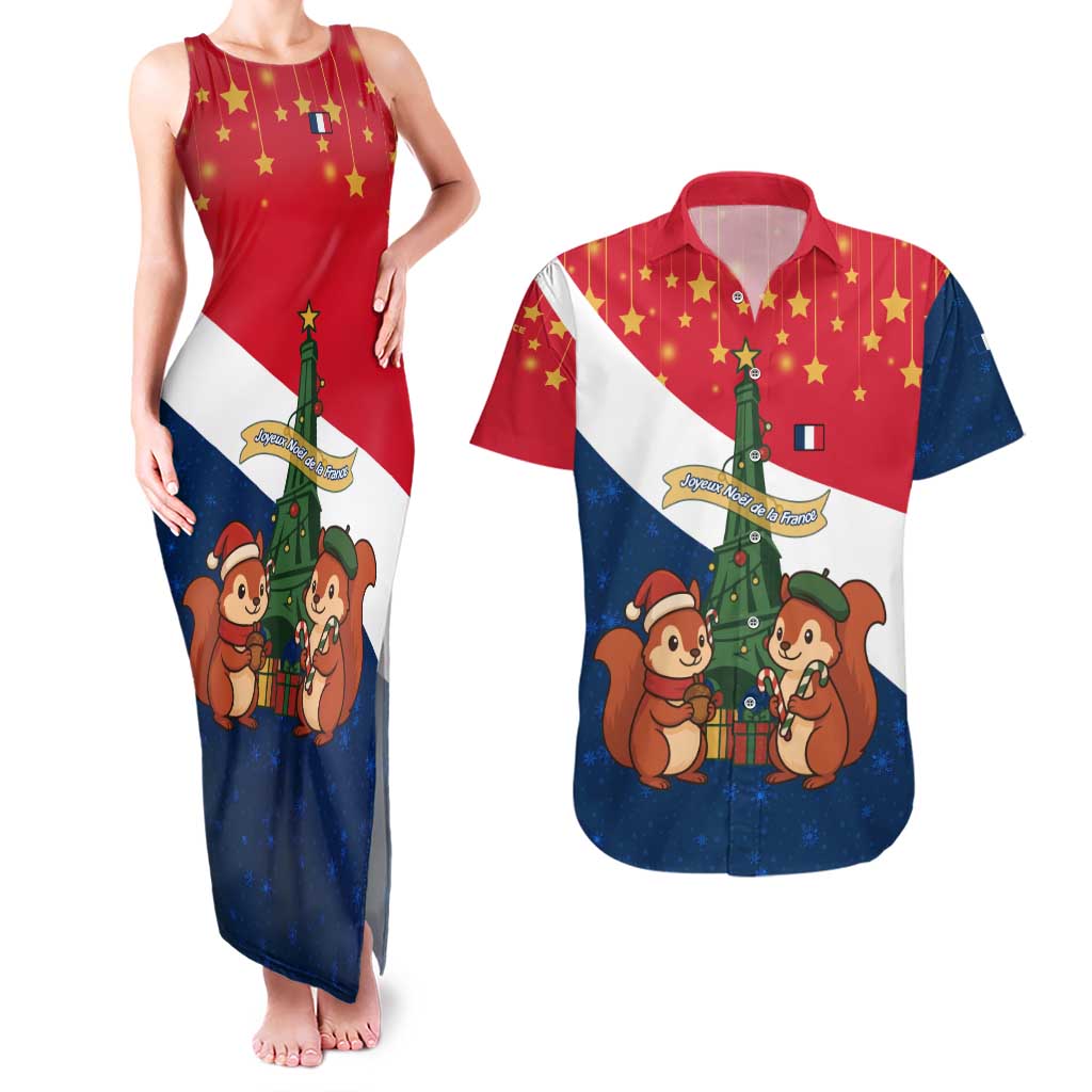 France Christmas Couples Matching Tank Maxi Dress and Hawaiian Shirt with Eiffel Tower Chipmunks Candy Canes and Starry Night Design - Wonder Print Shop