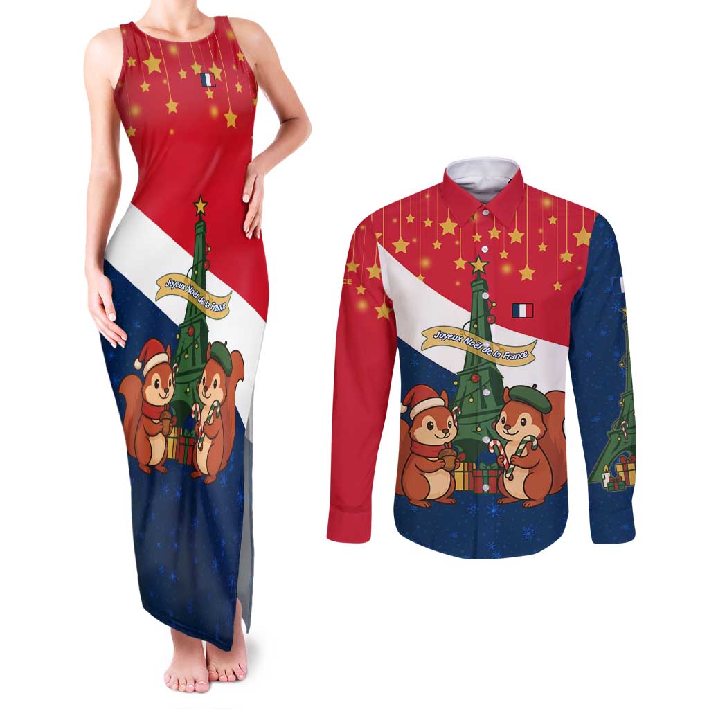 France Christmas Couples Matching Tank Maxi Dress and Long Sleeve Button Shirt with Eiffel Tower Chipmunks Candy Canes and Starry Night Design - Wonder Print Shop
