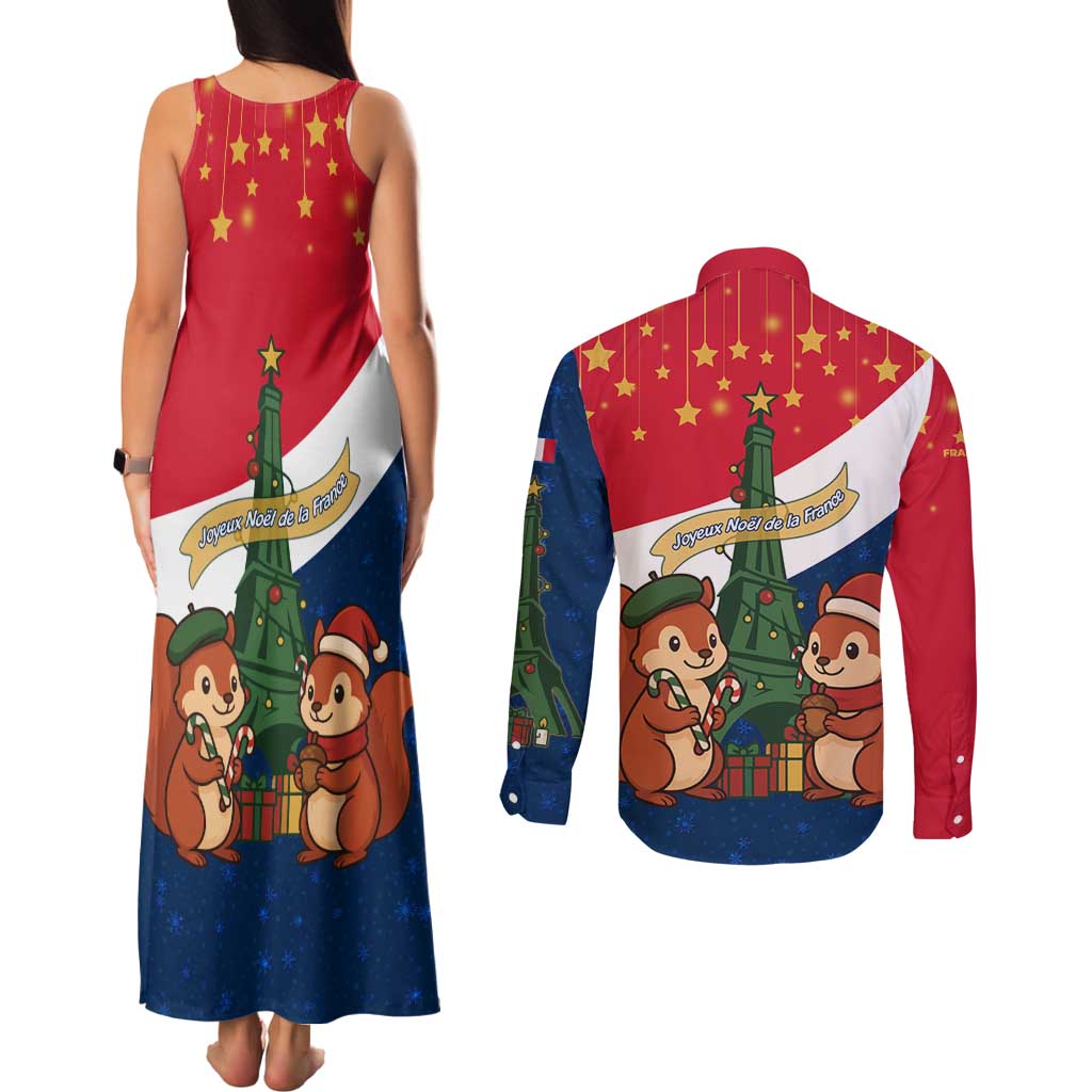 France Christmas Couples Matching Tank Maxi Dress and Long Sleeve Button Shirt with Eiffel Tower Chipmunks Candy Canes and Starry Night Design - Wonder Print Shop
