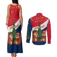 France Christmas Couples Matching Tank Maxi Dress and Long Sleeve Button Shirt with Eiffel Tower Chipmunks Candy Canes and Starry Night Design - Wonder Print Shop