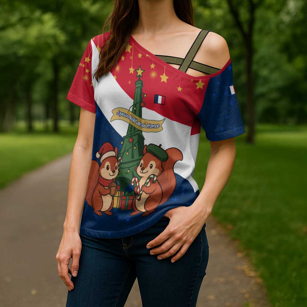 France Christmas Cross Shoulder Shirt with Eiffel Tower Chipmunks Candy Canes and Starry Night Design - Wonder Print Shop