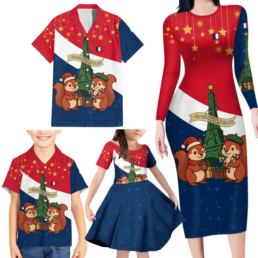 France Christmas Family Matching Long Sleeve Bodycon Dress and Hawaiian Shirt with Eiffel Tower Chipmunks Candy Canes and Starry Night Design - Wonder Print Shop
