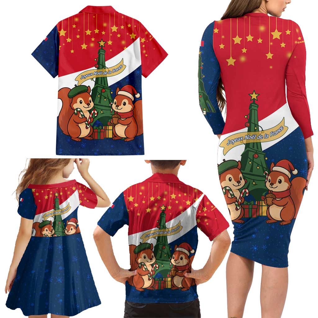 France Christmas Family Matching Long Sleeve Bodycon Dress and Hawaiian Shirt with Eiffel Tower Chipmunks Candy Canes and Starry Night Design - Wonder Print Shop