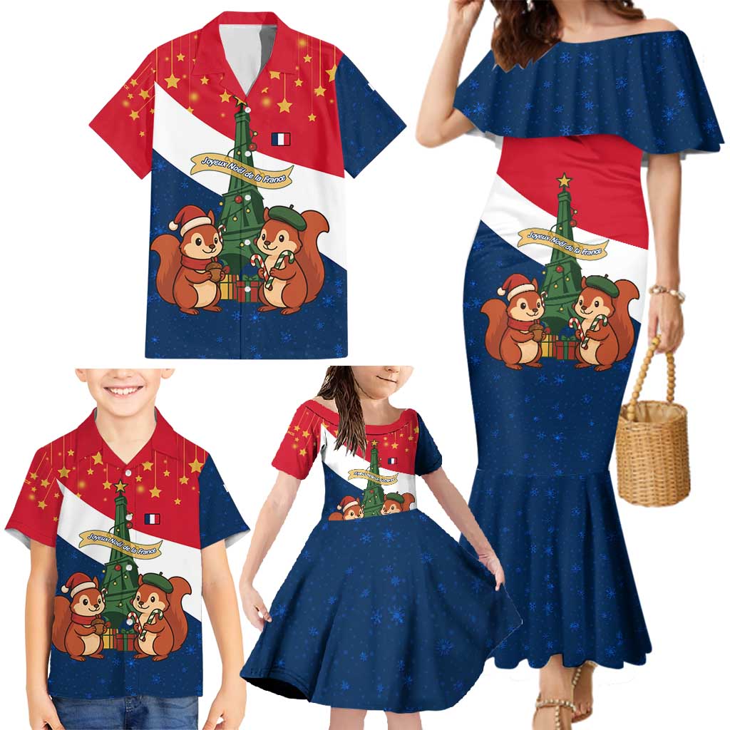 France Christmas Family Matching Mermaid Dress and Hawaiian Shirt with Eiffel Tower Chipmunks Candy Canes and Starry Night Design - Wonder Print Shop