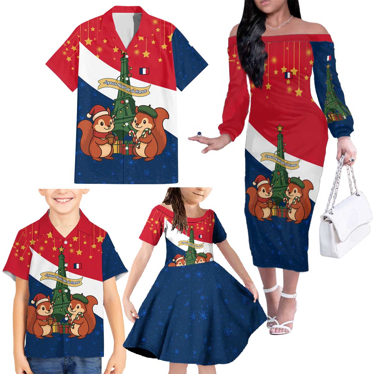 France Christmas Family Matching Off The Shoulder Long Sleeve Dress and Hawaiian Shirt with Eiffel Tower Chipmunks Candy Canes and Starry Night Design - Wonder Print Shop