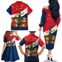 France Christmas Family Matching Off The Shoulder Long Sleeve Dress and Hawaiian Shirt with Eiffel Tower Chipmunks Candy Canes and Starry Night Design - Wonder Print Shop