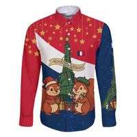 France Christmas Family Matching Off The Shoulder Long Sleeve Dress and Hawaiian Shirt with Eiffel Tower Chipmunks Candy Canes and Starry Night Design - Wonder Print Shop