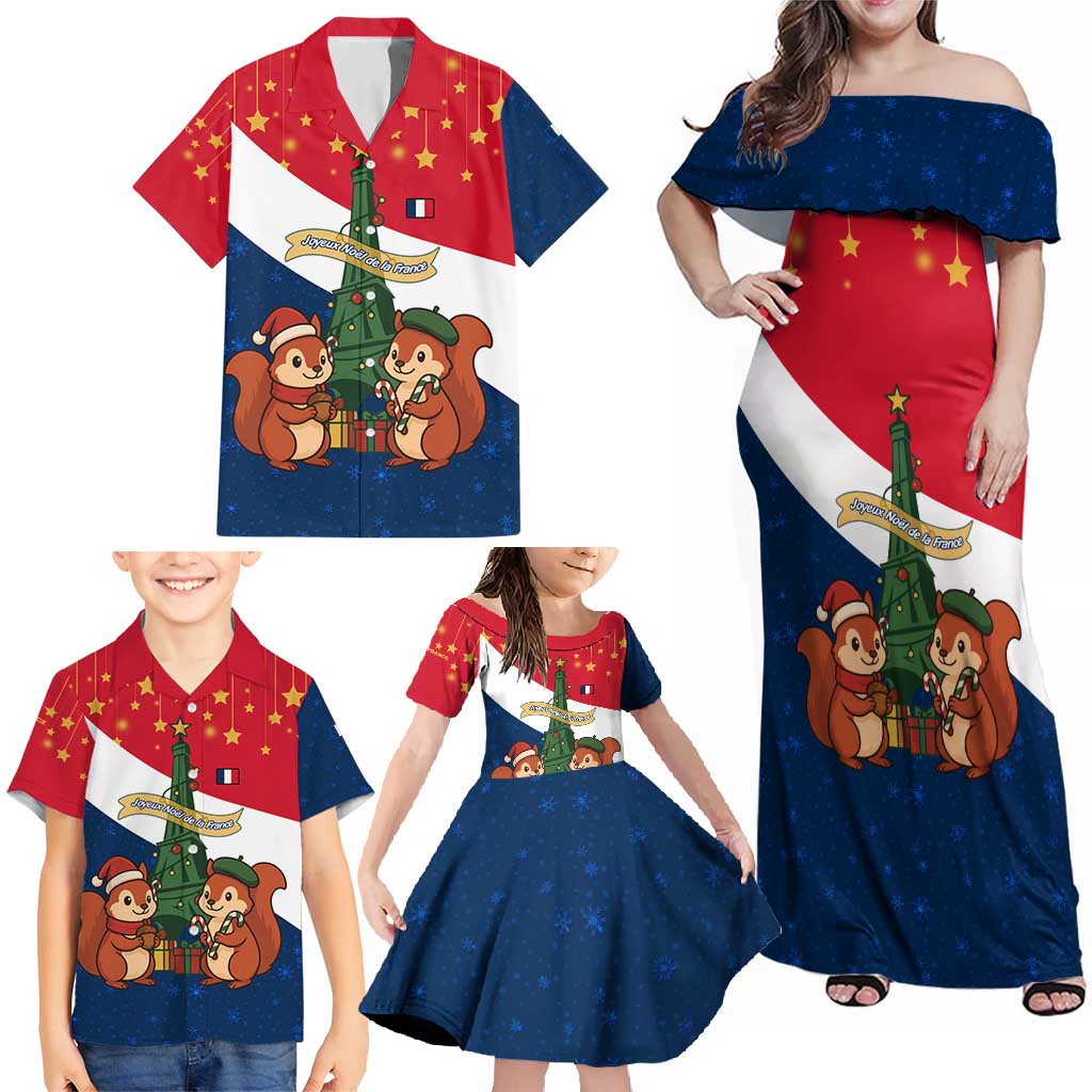 France Christmas Family Matching Off Shoulder Maxi Dress and Hawaiian Shirt with Eiffel Tower Chipmunks Candy Canes and Starry Night Design - Wonder Print Shop