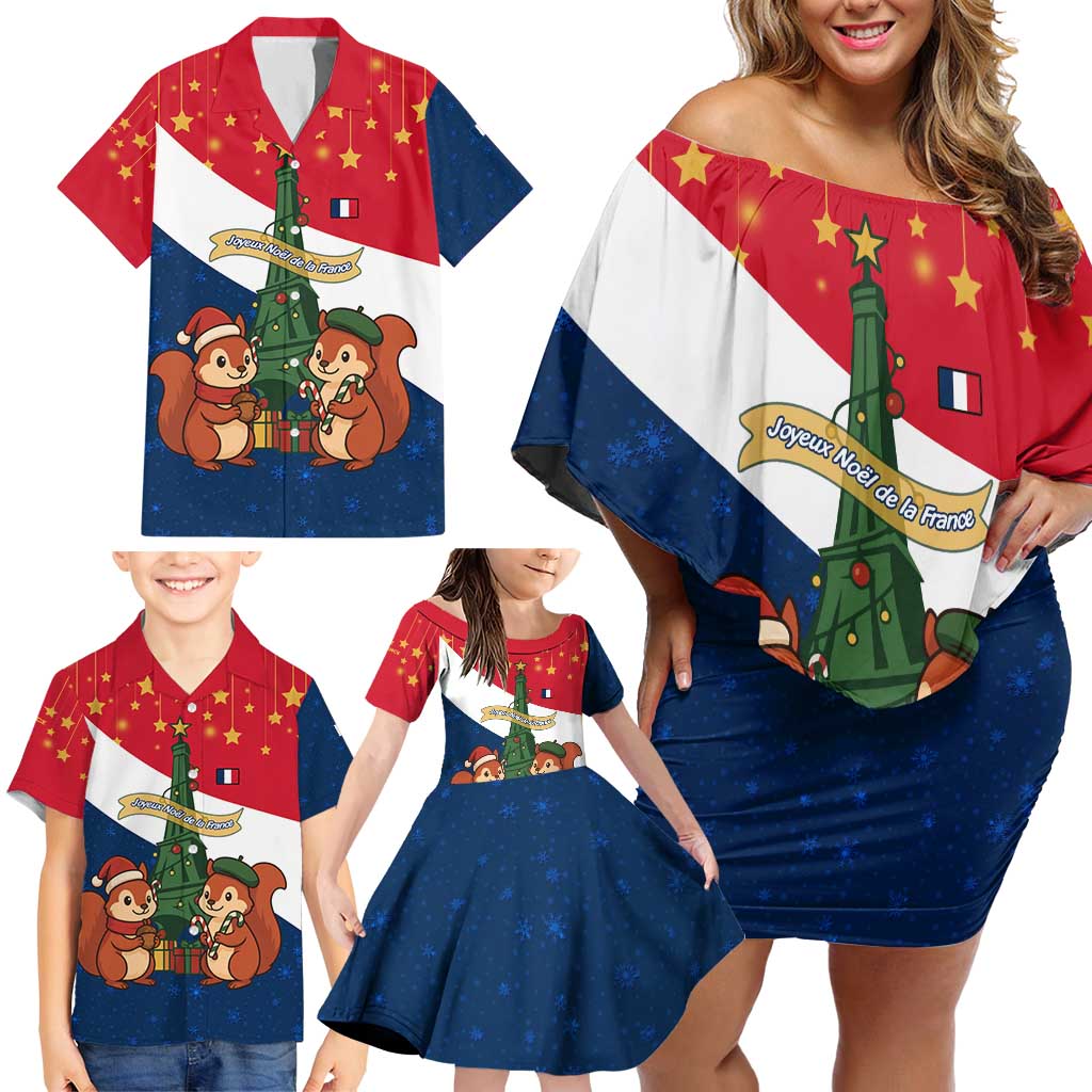 France Christmas Family Matching Off Shoulder Short Dress and Hawaiian Shirt with Eiffel Tower Chipmunks Candy Canes and Starry Night Design - Wonder Print Shop