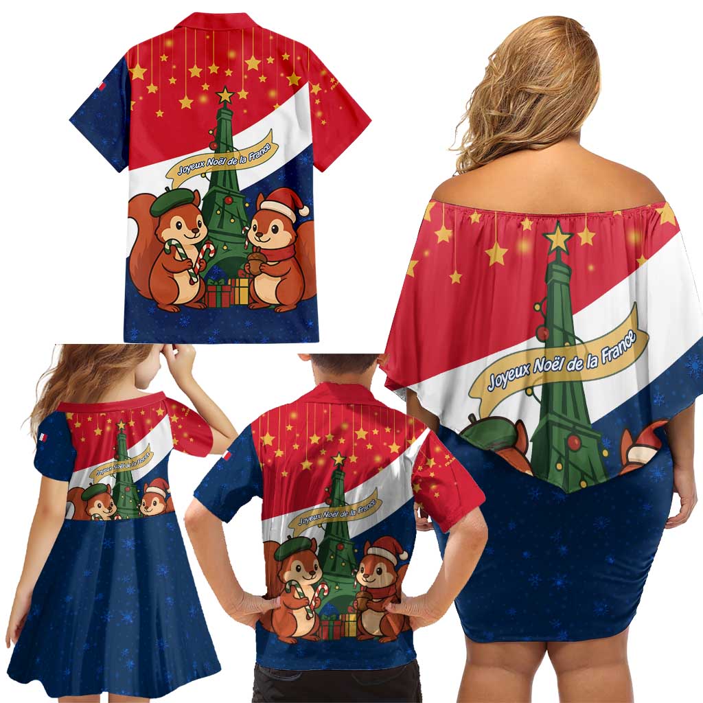 France Christmas Family Matching Off Shoulder Short Dress and Hawaiian Shirt with Eiffel Tower Chipmunks Candy Canes and Starry Night Design - Wonder Print Shop