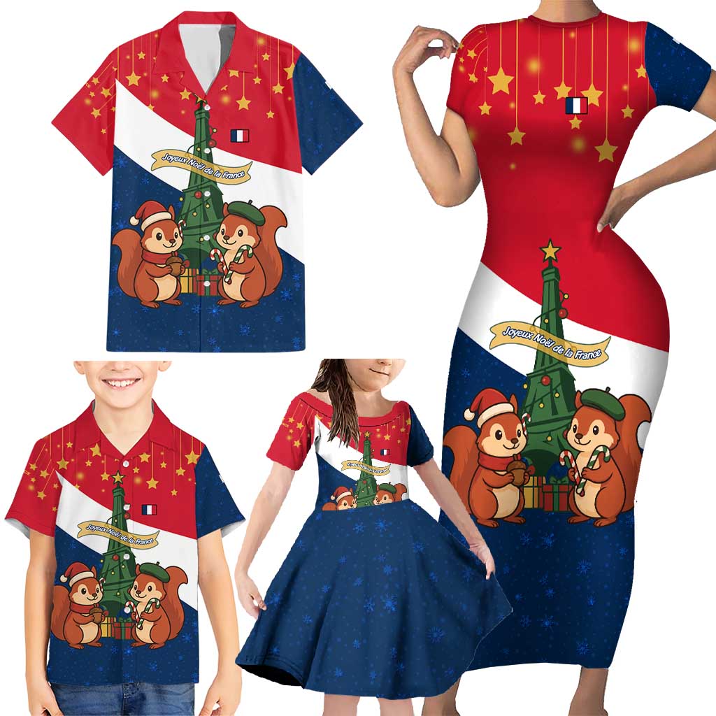 France Christmas Family Matching Short Sleeve Bodycon Dress and Hawaiian Shirt with Eiffel Tower Chipmunks Candy Canes and Starry Night Design - Wonder Print Shop