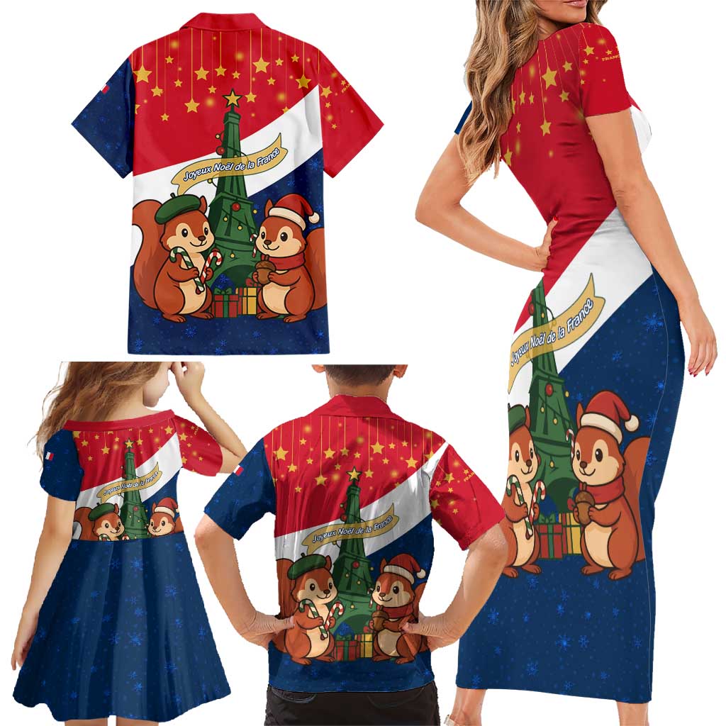 France Christmas Family Matching Short Sleeve Bodycon Dress and Hawaiian Shirt with Eiffel Tower Chipmunks Candy Canes and Starry Night Design - Wonder Print Shop