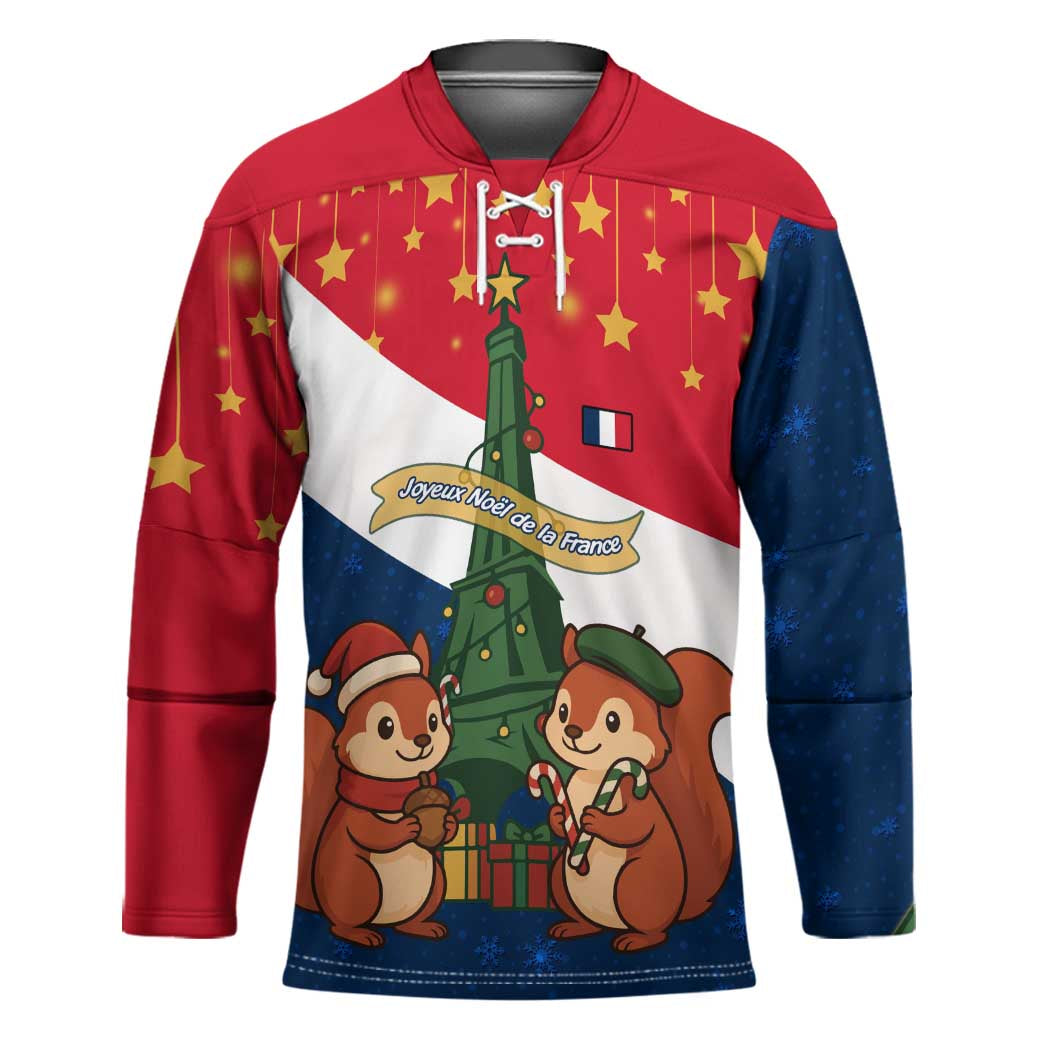 France Christmas Hockey Jersey with Eiffel Tower Chipmunks Candy Canes and Starry Night Design - Wonder Print Shop