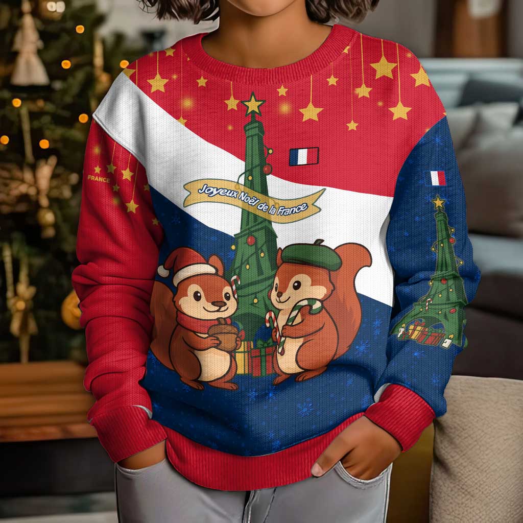 France Christmas Kid Ugly Christmas Sweater with Eiffel Tower Chipmunks Candy Canes and Starry Night Design - Wonder Print Shop