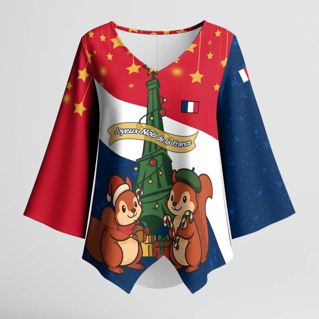 France Christmas Kimono Sleeve Blouse with Eiffel Tower Chipmunks Candy Canes and Starry Night Design - Wonder Print Shop