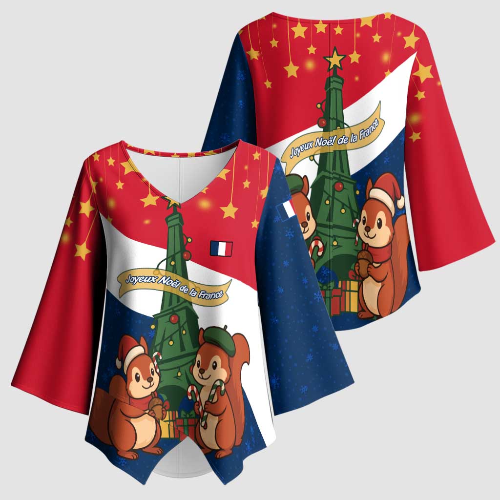 France Christmas Kimono Sleeve Blouse with Eiffel Tower Chipmunks Candy Canes and Starry Night Design - Wonder Print Shop