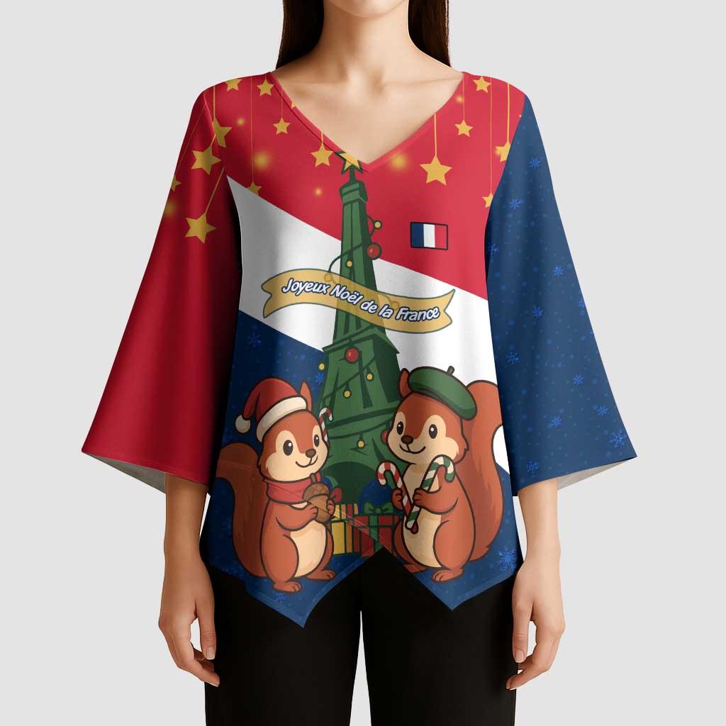 France Christmas Kimono Sleeve Blouse with Eiffel Tower Chipmunks Candy Canes and Starry Night Design - Wonder Print Shop