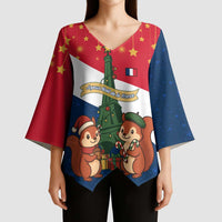 France Christmas Kimono Sleeve Blouse with Eiffel Tower Chipmunks Candy Canes and Starry Night Design - Wonder Print Shop