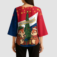 France Christmas Kimono Sleeve Blouse with Eiffel Tower Chipmunks Candy Canes and Starry Night Design - Wonder Print Shop