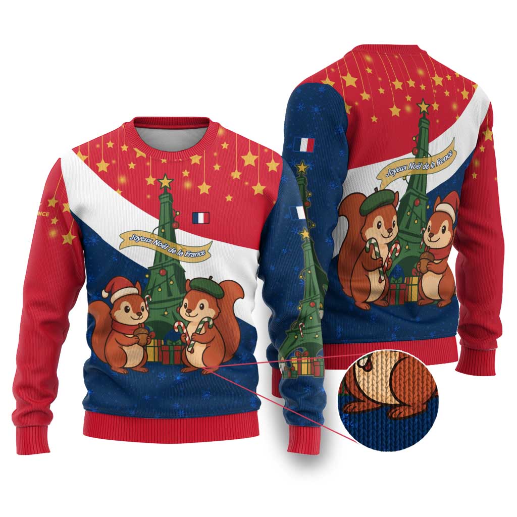 France Christmas Ugly Christmas Sweater with Eiffel Tower Chipmunks Candy Canes and Starry Night Design - Wonder Print Shop