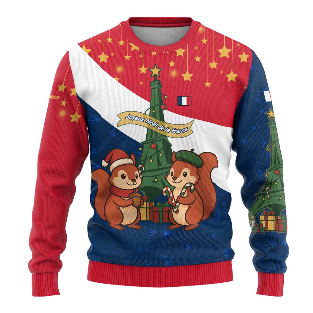 France Christmas Ugly Christmas Sweater with Eiffel Tower Chipmunks Candy Canes and Starry Night Design - Wonder Print Shop