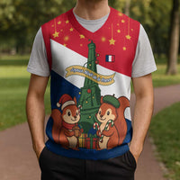 France Christmas Knitted V-Neck Vest with Eiffel Tower Chipmunks Candy Canes and Starry Night Design - Wonder Print Shop