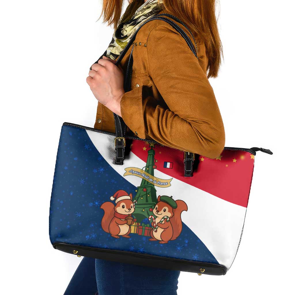 France Christmas Leather Tote Bag with Eiffel Tower Chipmunks Candy Canes and Starry Night Design - Wonder Print Shop